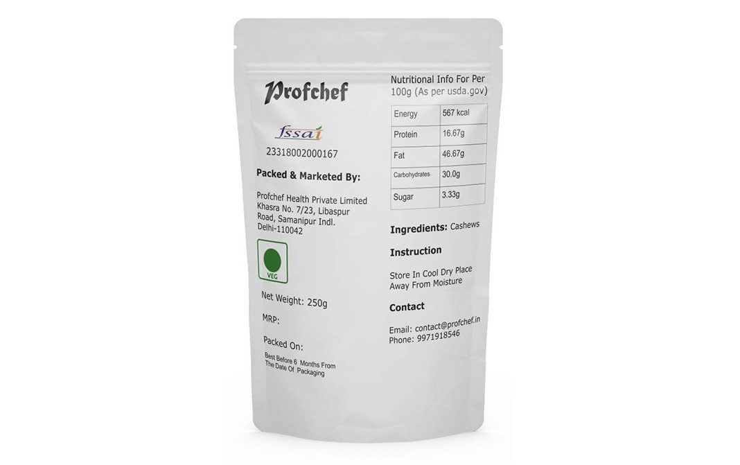 Profchef Cashews (Premium Kaju)   Pack  250 grams
